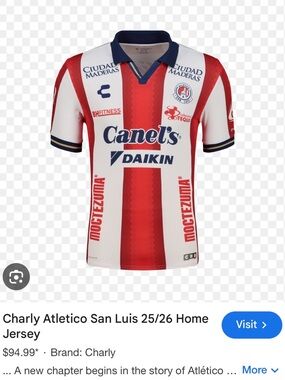 Charly San Luis Red & White Soccer Jersey - Canel's / Daikin